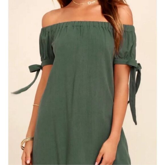 Lulu’s Al fresco off the shoulder olive green dress size large - Picture 1 of 3
